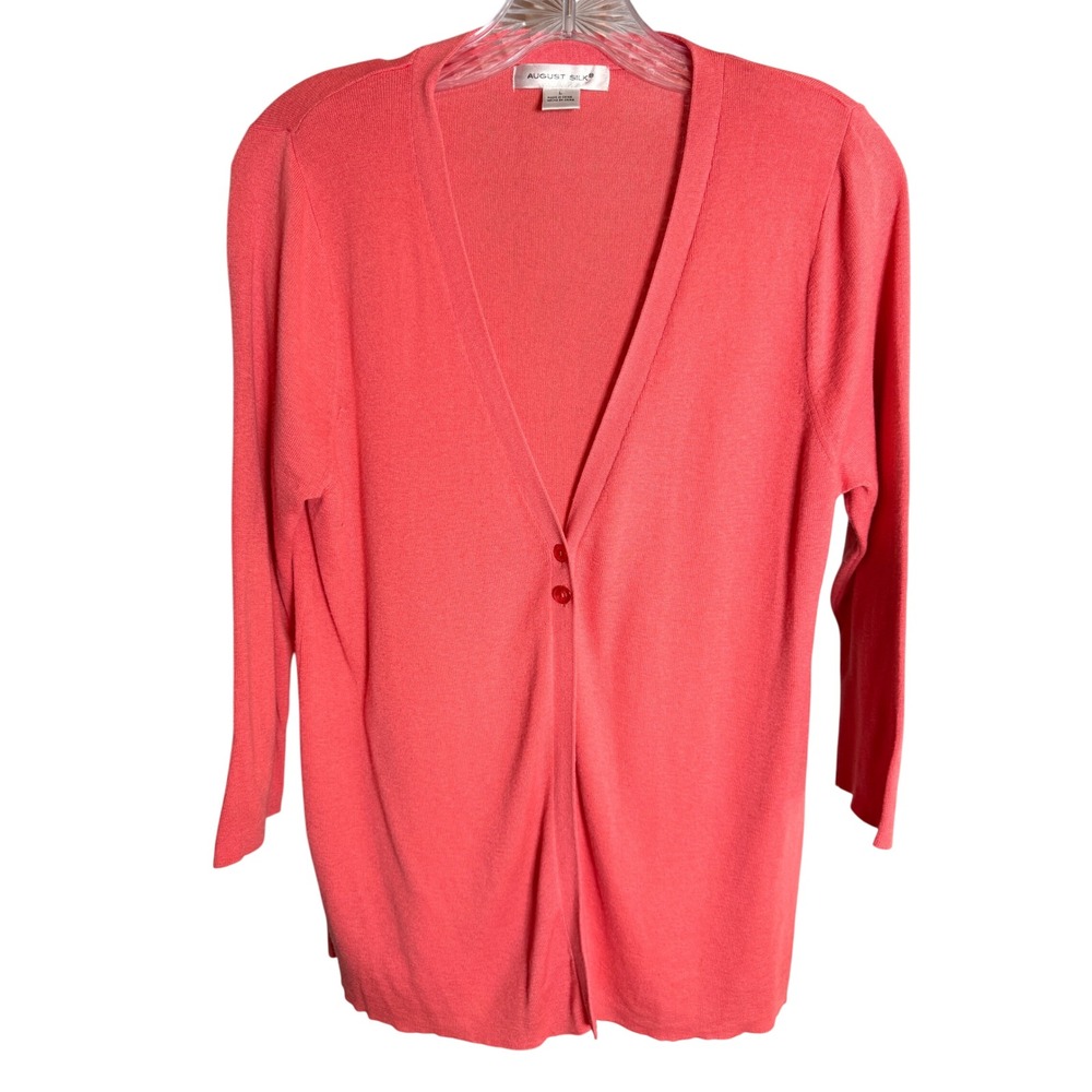 August Silk Cardigan Women Large Coral Pink Silk Blend V-Neck 3/4 Sleeve Sweater